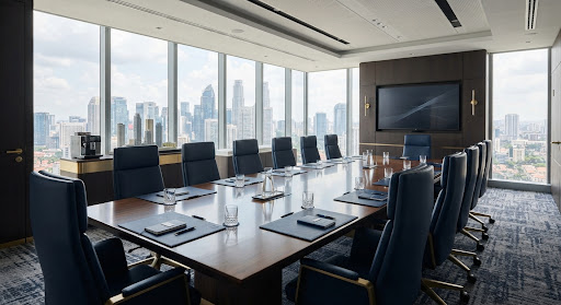 Corporate boardroom corridor with minimalist architectural lights